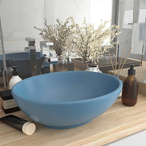 Sufrk Luxuriöses Ovales Waschbecken Matt Hellblau 40x33 cm Keramik Waschtischplatte FüR Aufsatzwaschbecken
