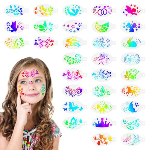 Kinderschminken Set, 32-teiliges Kinder Tattoo Schablone (9.3×15 cm), Schablonen Kinder, Schablonen Kinderschminken, Tattoo Schablone für kinder, Party, Fasching, Weihnachten Halloween