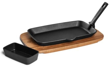 BURNHARD Padella Fajita Ghisa Robusta, Distribuzione Perfetta del Calore, Ciotola per Salse, Vassoio in Legno di Acacia, Manico a Gancio, Tex-Mex Allrounder – Padella Fajita con Vassoio