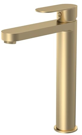 Balterley Tall Basin Mixer Tap, Mono Bathroom Taps, High Rise Monobloc Basin Sink Mixer Tap with Lever Handle, Round Body, Flat Round Spout Sink Taps for Cloakroom - 50 x 190 x 269mm (Brushed Brass)