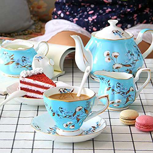 CNBYDK 15-teiliges Teeservice aus Porzellan, blaues Vintage-Teetassen- und Untertassenset, Kaffeeservice für 6 Personen, mit Zuckerdose und Milchkännchen