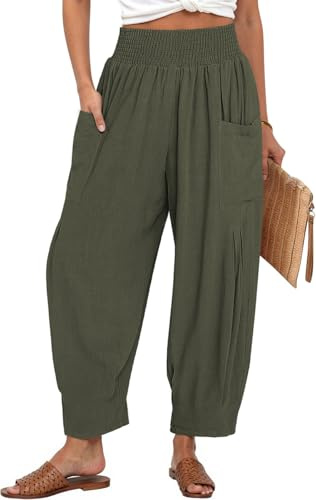 TARSE Womens Linen Palazzo Pants Summer Fall Boho High Waisted Cargo Baggy Loose Casual Harem Pants with Pockets, ArmyGreen, M