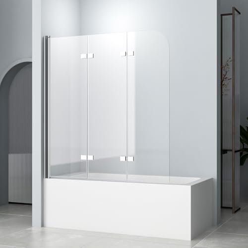 Duschwand für Badewanne 130x140 cm 3-teilig, Faltbar Badewannenfaltwand NANO einfach-Reinigung Beschichtungz 6mm ESG Glas Beschichtung Duschtrennwand