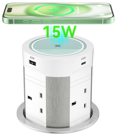 Pop Up Sockets 4 Outlets with PD 75W 2 USB-C and 15W Wireless Charging, Recessed Pop Up Power Socket for Kitchen Worktops, Pop Up Sockets with 4 USB for Conference Room, White