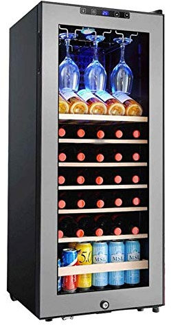 IUBGFTO 33 Bottle Dual Zone Thermoelectric Wine Cooler - Red and White Wine Chiller - Countertop Wine Cellar - Freestanding Refrigerator with LCD Display Digital Touch