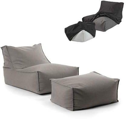 mokebo Outdoor Sitzsack und Pouf für Kinder & Erwachsene 'Der Sundowner', Bean Bag mit Füllung oder Bodenkissen für Indoor & Outdoor, auch als Liegekissen, Relaxliege mit Hocker in Steingrau