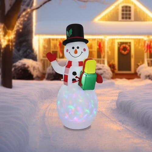 Apriltop Aufblasbare Schneemann, 1,5 m Höhe, mit 2* LED Leuchten und 1* Rotierendem Farbigen Licht, Weihnachtsdekoration Außen, Party Dekorationen