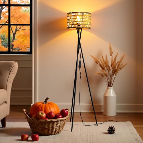 Osasy Modern Tripod Floor Lamp with Interchangeable Shades, Dimmable Standing Light, Black Metal Base, Living Room and Bedroom Lighting (A1 Open Weave Shade - Deep Brown)