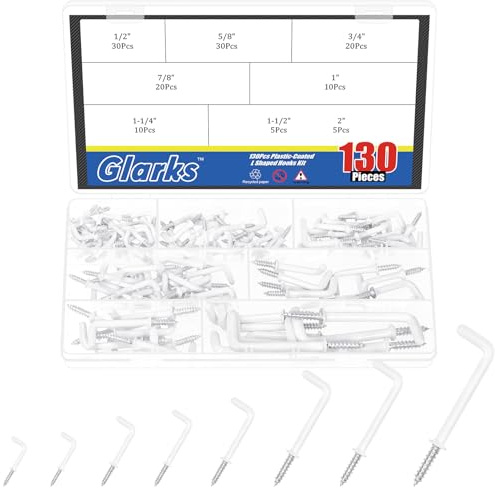 Glarks 130pcs 1/2’’, 5/8’’, 3/4’’, 7/8’’, 1’’, 1-1/4’’, 1-1/2’’, 2’’ Weiße L-förmige Schraube in Haken-Kit, Rechtwinkelhaken, Quadrat-Biege-Selbstklemmhaken, Kunststoffbeschichtete L-Haken