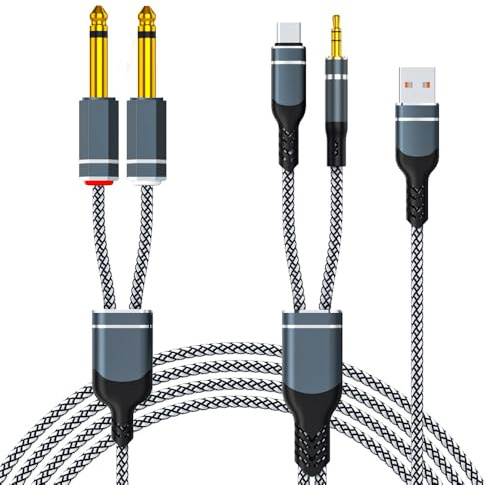 Berfea Câble audio USB C vers 1/4, TRS 3,5 mm vers double 6,35 mm mâle stéréo Aux Y, adaptateur répartiteur auxiliaire Y, prend en charge la charge, pour table de mixage, mixeur, amplificateur