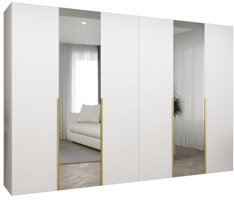 MEBLE KRYSPOL - Kleiderschrank mit Spiegel - Drehtürenschrank - Schrank 300 x 202 x 52 cm - Garderobenschrank Schlafzimmer, Flur, Jugendzimmer - Weiß, Griff Gold - Alicante 2