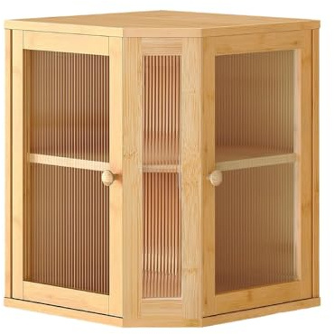 Wooden Large Double Bamboo Bread Bin, Corner Bread Bins For The Kitchen, Bread Storage Box With 2 Doors For Storing Bread And Other Foods (1xBrown)