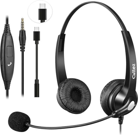 3,5mm Klinke PC Headset mit Mikrofon Noise Cancelling für FritzFon C6 X6 | USB Type-C Headset Handy Kopfhörer mit Kabel für Laptop iPhone Samsung Mac iPad Teams Zoom Büro Home Office, Ultra Komfort