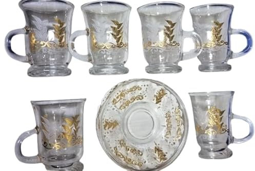 Turkish Kahwa Coffee Set of 6 – Arabic Glass Cups with Saucers, Traditional Tea & Espresso Serving Set, Elegant Gift for Home & Special Occasions
