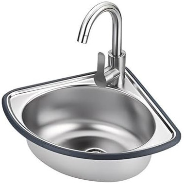 Fregadero esquinero de acero inoxidable triangular con grifo compacto de 34 x 34 x 15 cm, fregadero pequeño para lavandería, bar, cocina, acabado plateado duradero
