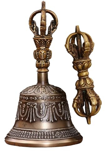 Tibetische Glocken Handglocken Dharma-Objekt Alter Beten Klangschale | Set bestehend aus einem tibetischen Mini-Glöckchen und einem Vajra für Zuhause Küche Tempel Klangheilung Yoga Entspannung