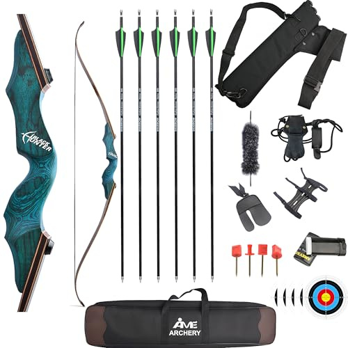 FQH 60'' Recurvebogen Set Abnehmbarer US-Jagd-Langbogen 20-60lbs Für Erwachsene und Anfänger Jäger Ziel Bogenschießen Praxis Outdoor-Jagd Schießen (Blau, 20 LBS)