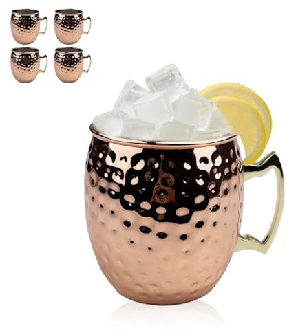 VELLUSTRA Moscow Mule Tazas, 4 piezas, 4 Tazas de Cobre Martillado(7.9cm*10cm) 550ml y 4 Pajitas Cobre (20cm), Acero Inoxidable Bañadas en Cobre Para Bebidas Frías, Vino, Bar y Fiesta