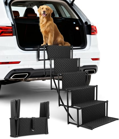 WHDPETS Hundetreppe Auto, Hunderampe Auto klappbar, Haustiertreppe mit Hundeliftgeschirr, 6 Stufen Hundetreppe Große Hunde bis 75kg, Rampe Hunde Treppe für die Für Kleine, Mittlere, Große