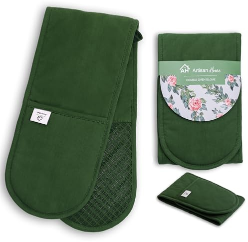 Forest Green Double Oven Gloves Heat Resistant Silicone Oven Mitts Pair | Non-Slip Silicone Oven Gloves Double Oven Mitt | Machine Washable Thick Potholders Home & Kitchen Accessories.