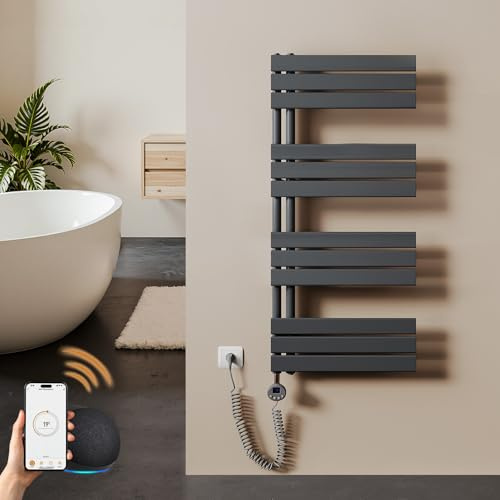 S'AFIELINA scaldasalviette Elettrico Bagno 1041×500mm Antracite, 600 W termoarredo Elettrico Bagno con WiFi e termostato, Timer 7×24 h, Protezione antigelo, LCD, Tubi Piatti Design scaldasalviette