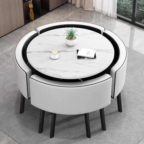 VTELGT Esstisch mit 4 Stühlen Moderne Essgruppe Set (Weiß + Schwarz Weiß)