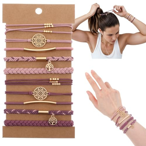 Prasacco 10 Stück Haargummi Damen, Haargummi Armbänder für Damen Elastische Geflochtene Haargummis für Mädchen Boho Haargummis Geflochtener Zopfgummi mit Perlen fur Langes Haar(Dunkelrosa, Hellrosa)