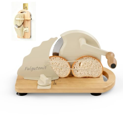 Fulgutonit Manual Bread Slicer for Homemade Sourdough, Wall Mountable/Stand | Premium Beechwood, Clearer Scale for Precise 0~2cm Bread Slicing, 18/10 Stainless Steel Blade, Adhesive Wall Hook Included