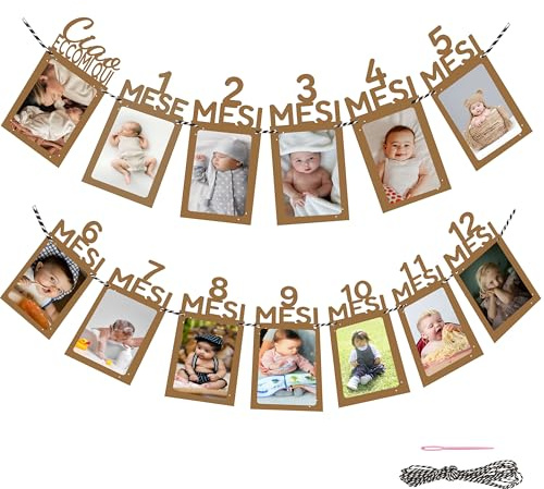 CZ Store® Ghirlanda di Compleanno 12 Mesi ✮Garanzia a Vita✮ Festone Primo Compleanno Bimbo -Bandierine 12 Cartoncini di Carta per Foto Mensili, Filo e Ago Inclusi - Addobbi e Forniture per Feste