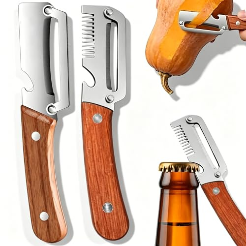 Juego de 2 peladores de verduras multifuncionales,2 en 1 de acero inoxidable con mango de madera y abrebotellas, herramienta de cocina resistente para patatas,calabaza y frutas (1pc Peine+1pc Peeler)