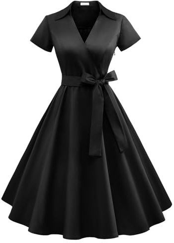 Timormode 1950s Dresses for Women Vintage Short Sleeves Swing Rockabilly Dress A line Cocktail Party Dresses TM10084Black XL