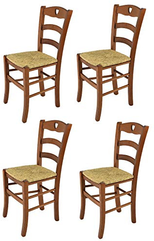 t m c s Tommychairs - Set 4 sedie modello Cuore per cucina bar e sala da pranzo, robusta struttura in legno di faggio color noce chiaro e seduta in paglia