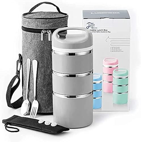 Lille Home 1380ml Contenitore per Pranzo/Snack con Scomparto Termico impilabile in Acciaio Inossidabile, Contenitore per Bento/Alimenti isolato a 3 Livelli con Borsa per il Pranzo (Grigio)