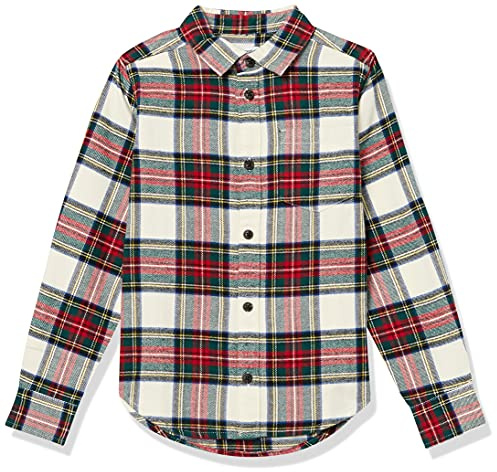 Amazon Essentials Boys' Flannel Button Down Shirt, Green Red Plaid, Medium