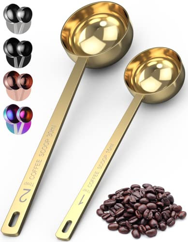 ORBLUE Stainless Steel Coffee Scoop Set 2 Pack – 1 Tbsp (15 ml) & 2 Tbsp (30 ml) Coffee Measuring Spoons with Long Handle, Dishwasher Safe Gift for Coffee Lovers – Gold