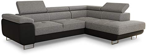 Ecksofa Caris mit Schlaffunktion und einstellbare Kopfstützen, Wohnlandschaft mit Bettkasten, Couch, Sofa, Bettsofa (Schwarz + Grau (Soft 011 + Sawana 21), Ecksofa Rechts)