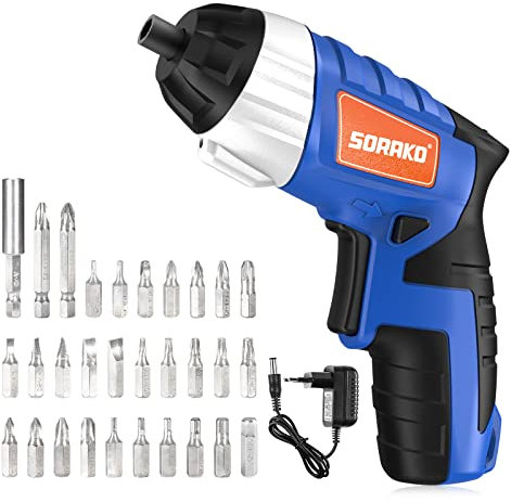 SORAKO 3.6V Destornillador Eléctrico, 6Nm con 30 Accesorios, Luz LED, 2 Direcciones de Rotación, Indicador de Batería y Cargador, Bricolaje Profesional