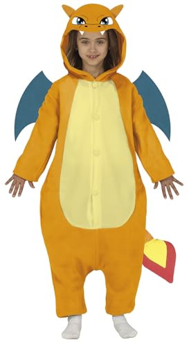 FIESTAS GUIRCA Orangefarbenes Drachenkostüm für Jungen und Mädchen – Pyjama mit Drachenschwanz und Flügeln für Kinder