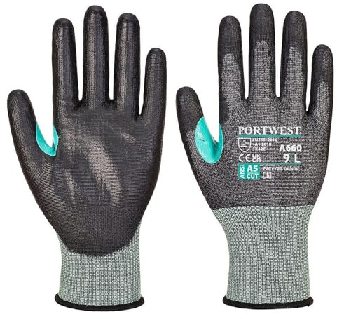 Portwest A660 CS Cut E18 PU Glove 18 Gauge Liner Touchscreen Breathable | Black, X Large, OEKO-TEX STANDARD 100, EN 388 (3X42E), UKCA, Reinforced Thumb Crotch, Reflective, Workwear