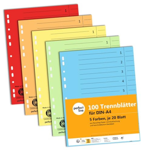 perfect line - 100 Trennblätter, 5 Farben - stabiles Recycling-Papier, für DIN-A4 Ordner und Ringbücher - Blauer Engel zertifiziert, Made in Germany