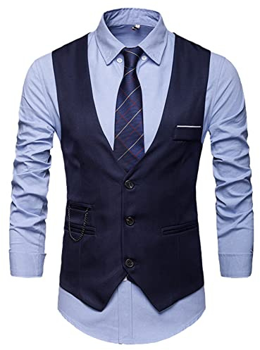 Youllyuu Chaleco de traje de color sólido para hombre, cuello en V, chaleco de vestir de negocios británico delgado de un solo pecho, azul marino, XL
