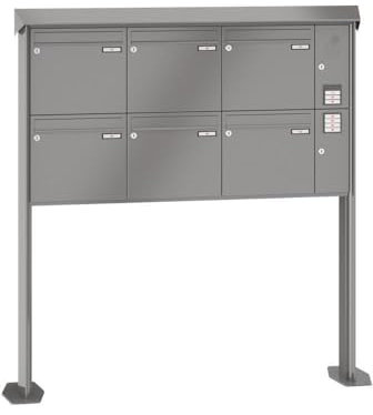 RENZ/Prisma / 6er Freistehende Briefkastenanlage Standbriefkasten mit Sprechfeld/RAL-Farbe 9007 Volumen 1/mit Fußplatten/Dein-Briefkasten.de