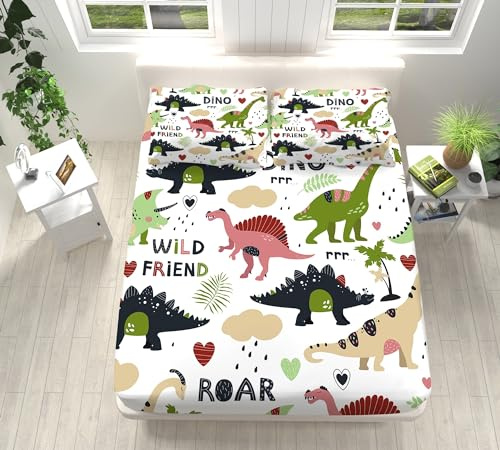 XCQHZYQ Sabanas 90x190 cm Infantil Dinosaurio Juego de Cama para Niños, Sabana Bajera Ajustable Moderna para Adolescentes y Infantil, Ropa de Cama para Casa Dormitorio