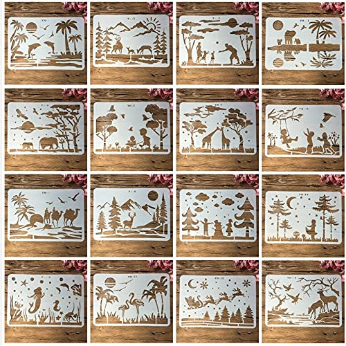 Wiederverwendbare Schablonen zum Malen auf Holz, 16 Stück, A4, 29 cm, Landschaft, Tiere, Menschen, Zeichnen, Kunstvorlage für Scrapbooking, wiederverwendbare Schablonen, Wanddekoration