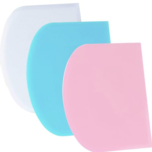 SURDOCA Dough Scraper Bench Scraper - 3P 4.7x3.7 Plastic Flexible Bowl Scraper, Sharp Edge & Angles Cake Scraper. Non-Slip Bakeware Decorating Tools Sculpting & Modeling Tools - Blue+White+Pink