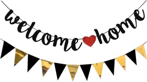 AINIUNIU Welcome Home Guirnalda, Banderín Triángulo Bandera Dorada, Bandera de Oro Negro, Decoración de Actividades Familiares, Banderas de Letras para Bodas, Fiestas, Celebraciones