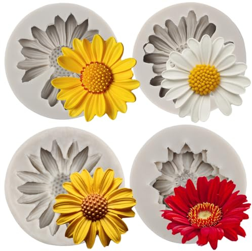 MYPRACS Juego de 4 moldes de silicona para fondant, diseño de flores de crisantemo | Decoración para tartas de flores, decoración para cupcakes, caramelo, arcilla polimérica, pasta de goma de chocolate