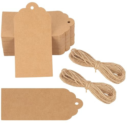 Belle Vous braune Etiketten aus Kraftpapier - Schnur - 5 x 10 cm - Schilder zum Beschriften - Etiketten zum Beschriften - Geschenkanhänger für Weihnachten, Hochzeit, Geburtstag (100)