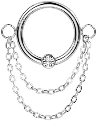 beyoutifulthings Piercing-Ring Silber 2 Ketten-Anhänger Zirkonia Clear Universal-Piercing Ohr-Ring Nase Septum Segment-Ring Klapp-Verschluss 8-mm