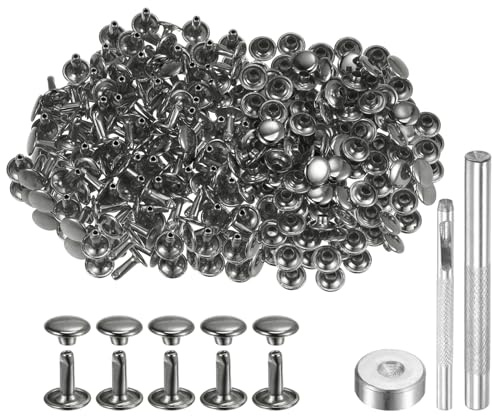 sourcing map 200 Sets Leather Rivets 9mm x 10mm Metal Double Cap Rivet Snaps Studs Fasteners with 3pcs Setting Tools Rivets for Leather Craft DIY Repair Decoration, Gunmetal